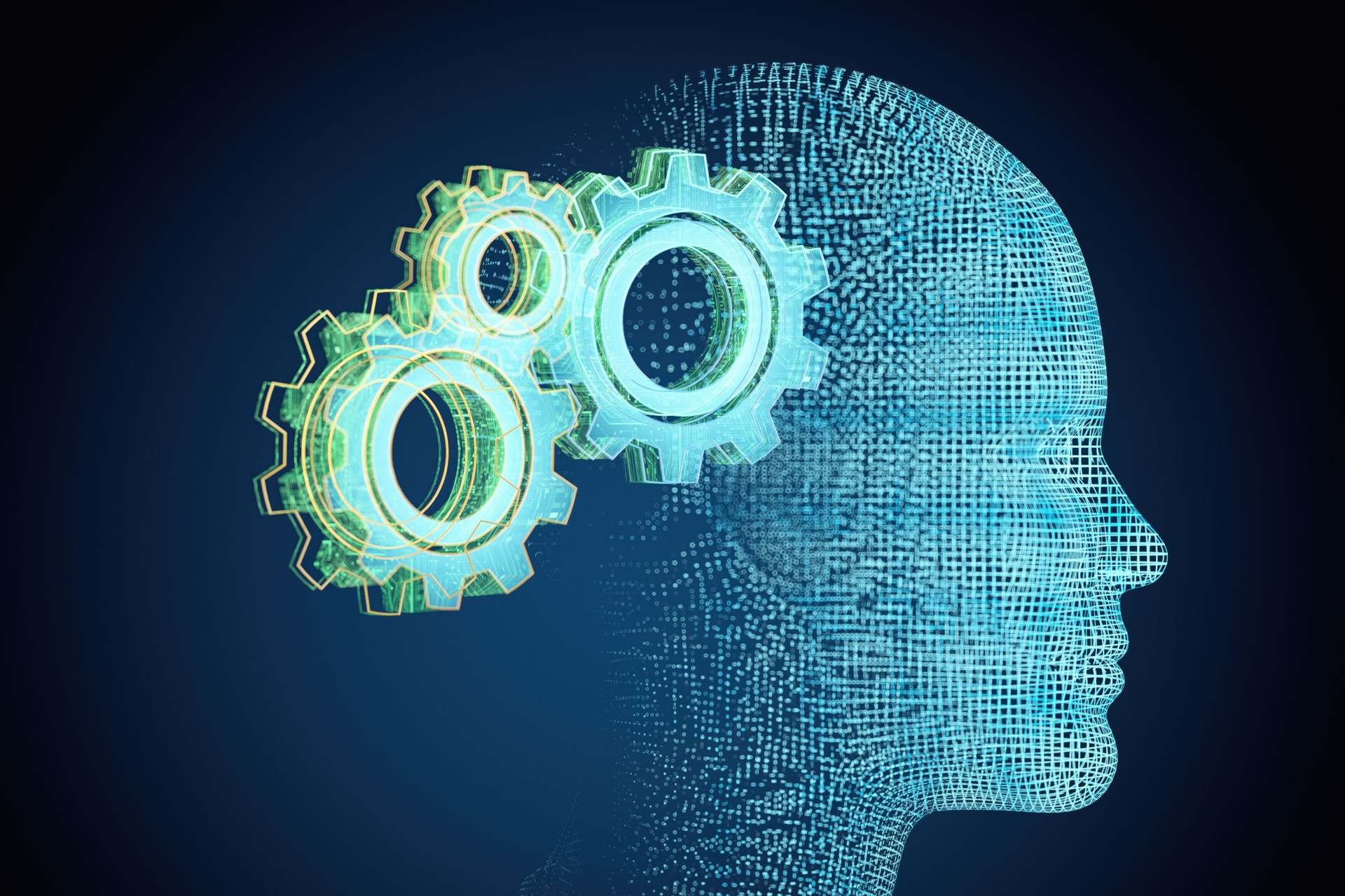 Machine Learning and AI Artificial Intelligence Concept with Gears in  Human Head Hologram