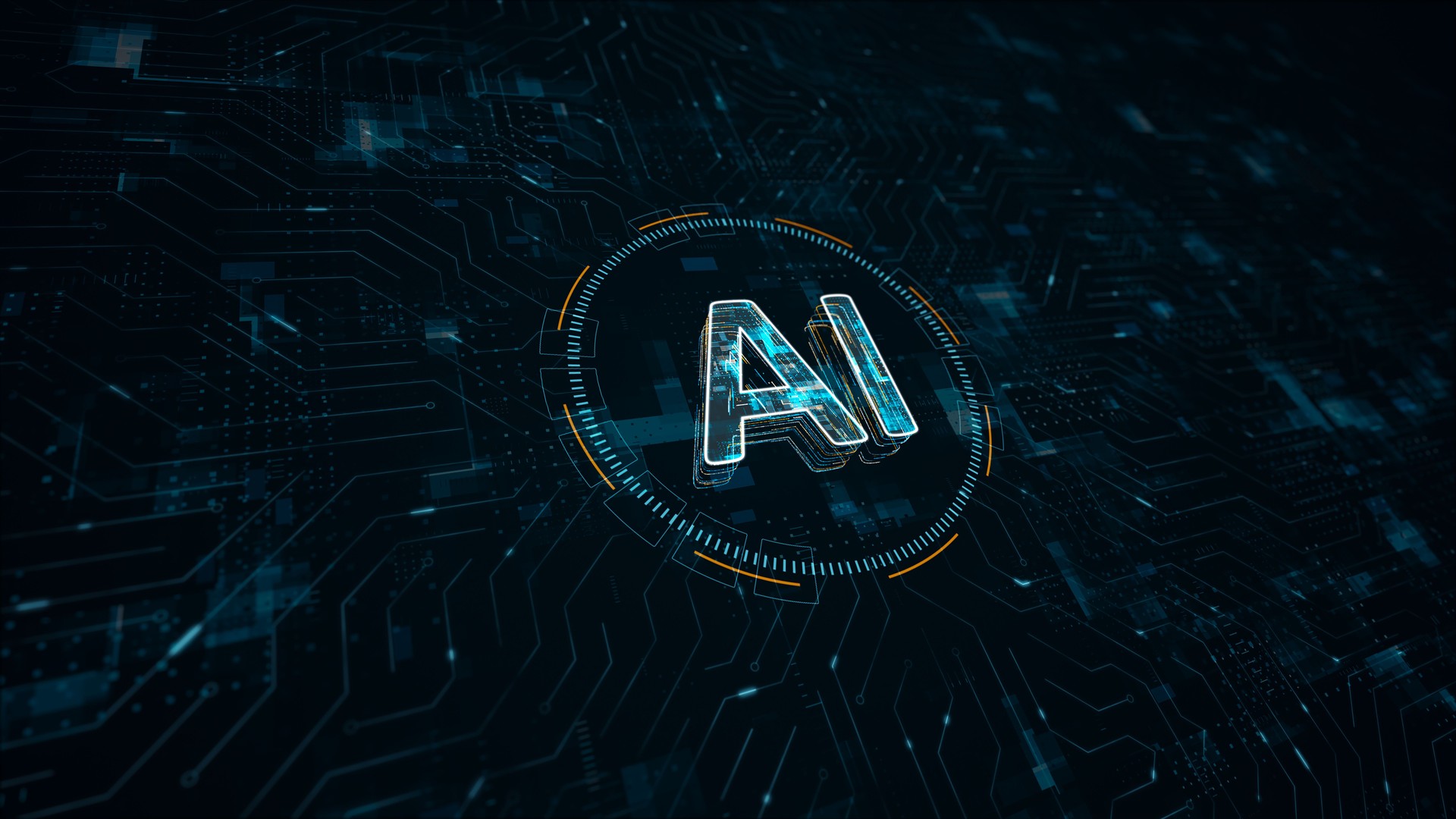 Motion graphic of Blue digital Ai logo with data transfer concept and connection technology of future with futuristic technology circle HUD with circuit board on abstract background perspective